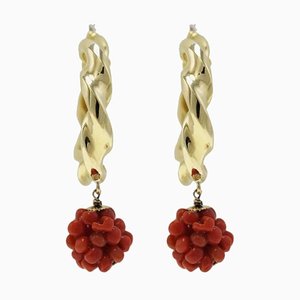 Red Coral & 18K Yellow Gold Hoop Earrings, Set of 2