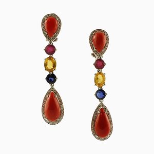 Diamond, Ruby, Yellow & Blue Sapphire, Red Coral Drop and 18K Gold Dangle Earrings, Set of 2