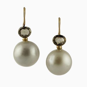 Aretes colgantes de diamantes, perlas de los mares del sur, oro rosa de 9 kt y plata. Juego de 2