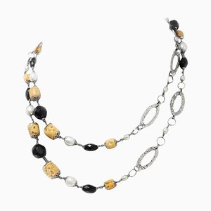 Pearl, Onyx, Orange Coral & Silver Multi-Strand Link Necklace