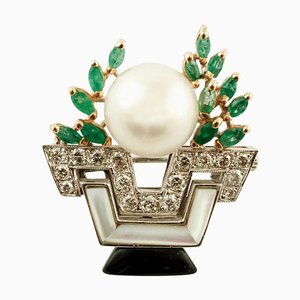 Diamond, South Sea Pearl, Emerald, Onyx, Mother of Pearl & 14K Gold Brooch or Pendant