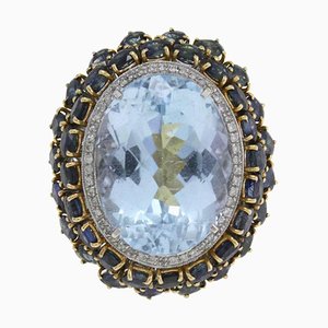 Bague Topaze Bleue, Diamant, Saphir et Or