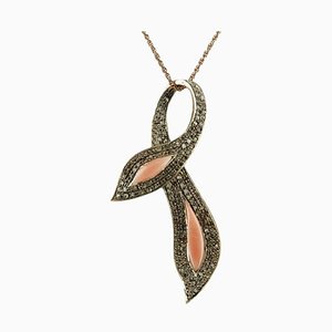 Diamond, Pink Coral, Rose Gold and Silver Bow Pendant Necklace