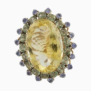 Yellow Topaz, Green Sapphire, Tanzanite, Rose Gold and Silver Fashion Ring