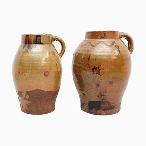 19th Century Rustic Hand Painted Ceramic Vessels, Set of 2