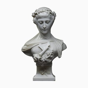 Italian School Artist, Woman with Veil and Crown of Flowers, Late 19th Century, Carrara Marble Bust