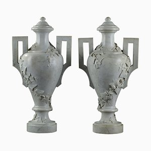 19th Century White Marble Vases With Ivy Decoration, Set of 2