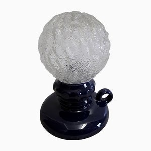 Small German Night Light Table Lamp in Dark Blue Glazed Ceramic with Spherical Relief Glass Shade from Waechtersbach, 1970s