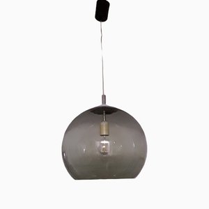 Ceiling Lamp with Spherical Smoked Glass Shade, Silver Metal Mount & Black Plastic Canopy, 1980s