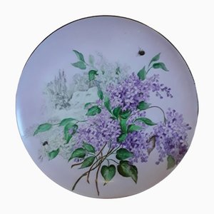 Vintage German Round Wall Decor with a Slope-Painted Lilac Motif with Bees from KPM, 1970s