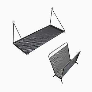 Mid-Century Perforated Metal Magazine Rack & Shelf, Set of 2