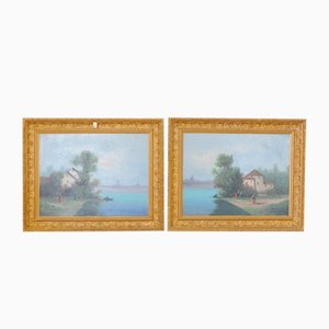 Paysages, France, Fin 1800s, Huile sur Toile, Encadrée, Set de 2