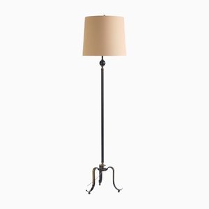 French Wrought Iron and Brass Three Legged Floor Lamp with Beige Shade, 1940s