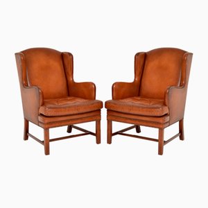 Antique Swedish Leather Wingback Armchairs, Set of 2