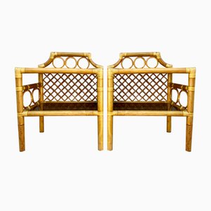 Bamboo & Rattan Nightstands with Low Glass Shelves, Italy, 1960s, Set of 2