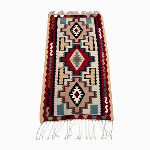 Tappeto Kilim medio in lana rossa, marrone, blu e beige