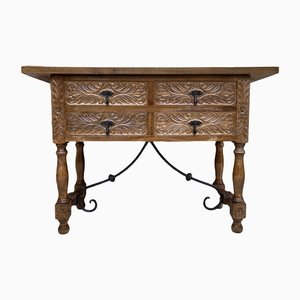 Catalan Spanish Carved Walnut Console Table with Four Drawers & Iron Stretcher