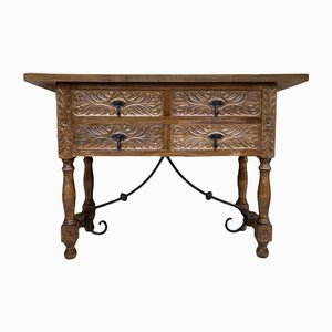 Table Console en Noyer Sculpté avec Quatre Tiroirs, Espagne