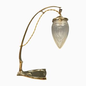 Brass Art Nouveau Table Lamp With Glass Hood