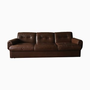 Mid-Century Stitched Brown Leather 3-Seater Sofa, 1970