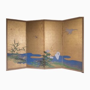 Antiker japanischer Goldschirm mit Reiher und Bachlauf