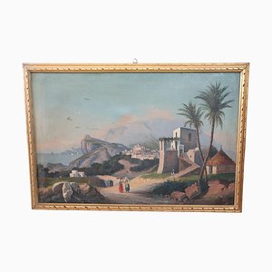 Paesaggio di Napoli, metà XIX secolo, olio su tela, in cornice