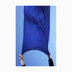 Halfdark, Cropped Hands of Woman Holding Blue Sarong Against Clear Sky, Papier Photographique