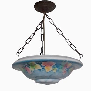 Ceiling Lamp with White Glass Shade, Colored Spray Decor, Brass Chain and Brass Canopy, 1920s