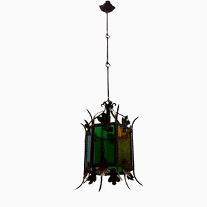 Italian Light Pendant in Wrought Iron and Glass