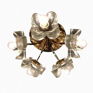 Brass Light with Ice Glass Flowers from Mazzega, 1960s