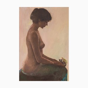 Female Nude Study with Bouquet of Flowers, 20th-Century, Oil on Canvas, Framed