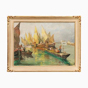 Gianfranco Baldin, Boats in the Venice Lagoon, 1950s, Oil on Canvas, Framed