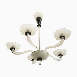 Five-Arm Chandelier in Clear and Black Murano Glass, 1940s