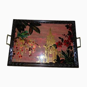 Antique Wooden Carved Tray Painted on Glass