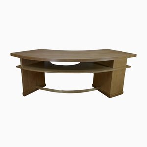 Large Curved Desk in Oak Veneer and Solid Oak with 3 Drawers and 2 Curved Brass Braces