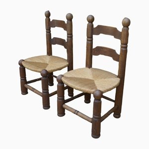 Chairs in Straw & Solid Oak by Charles Dudouyt, Set of 2
