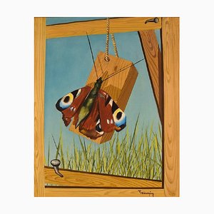 Thomas Hafström, Butterfly on Woodwork, Sweden, Oil on Canvas, Framed