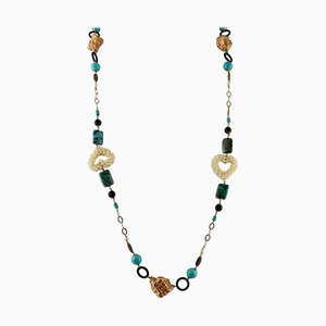 Long 9K Gold and Silver Necklace with Turquoise Rock Crystal Pearls and Calcedony