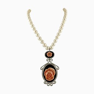 Beaded Pendant Necklace in White Gold with Diamonds Emerald Onyx Pearl and Pink Coral Flower