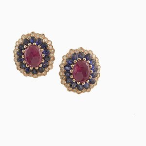 Gold Earrings with Diamonds Blue Sapphires and Rubies