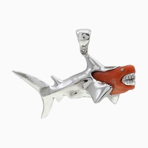 Shark Shaped Pendant Necklace in 18K White Gold with Red Coral