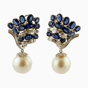 Clip-on Drop Earrings in 18K Gold with Diamonds Blue Sapphires and South Sea Pearls