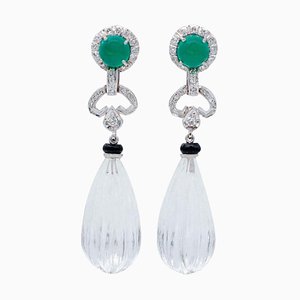 Platinum Dangle Earrings with Green Agate Onyx Diamonds and Rock Crystal