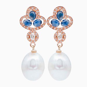Boucles d'Oreilles Pendantes en Or Rose 14K avec Saphirs Bleus et Perles