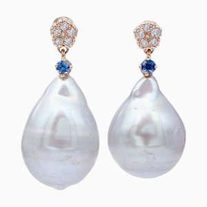 Dangle Earrings in 14K Rose Gold with Grey Pearls Sapphires and Diamonds