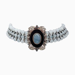 Chocker Necklace in 14K Rose Gold and Silver with Aquamarine Diamonds and Onyx