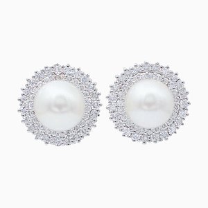 Boucles d'Oreilles en Or Blanc 18K avec Perles Blanches et Diamants