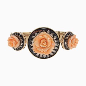 Bracelet in Gold and Silver with Rose-Shaped Corals Onyx and Diamond
