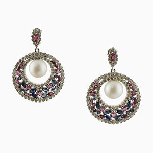 White Gold Dangle Earrings with White Sea Pearls Diamonds Rubies and Blue Sapphires