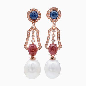 Dangle Earrings in 14K Rose Gold with Pearls Rubies Sapphires and Diamonds